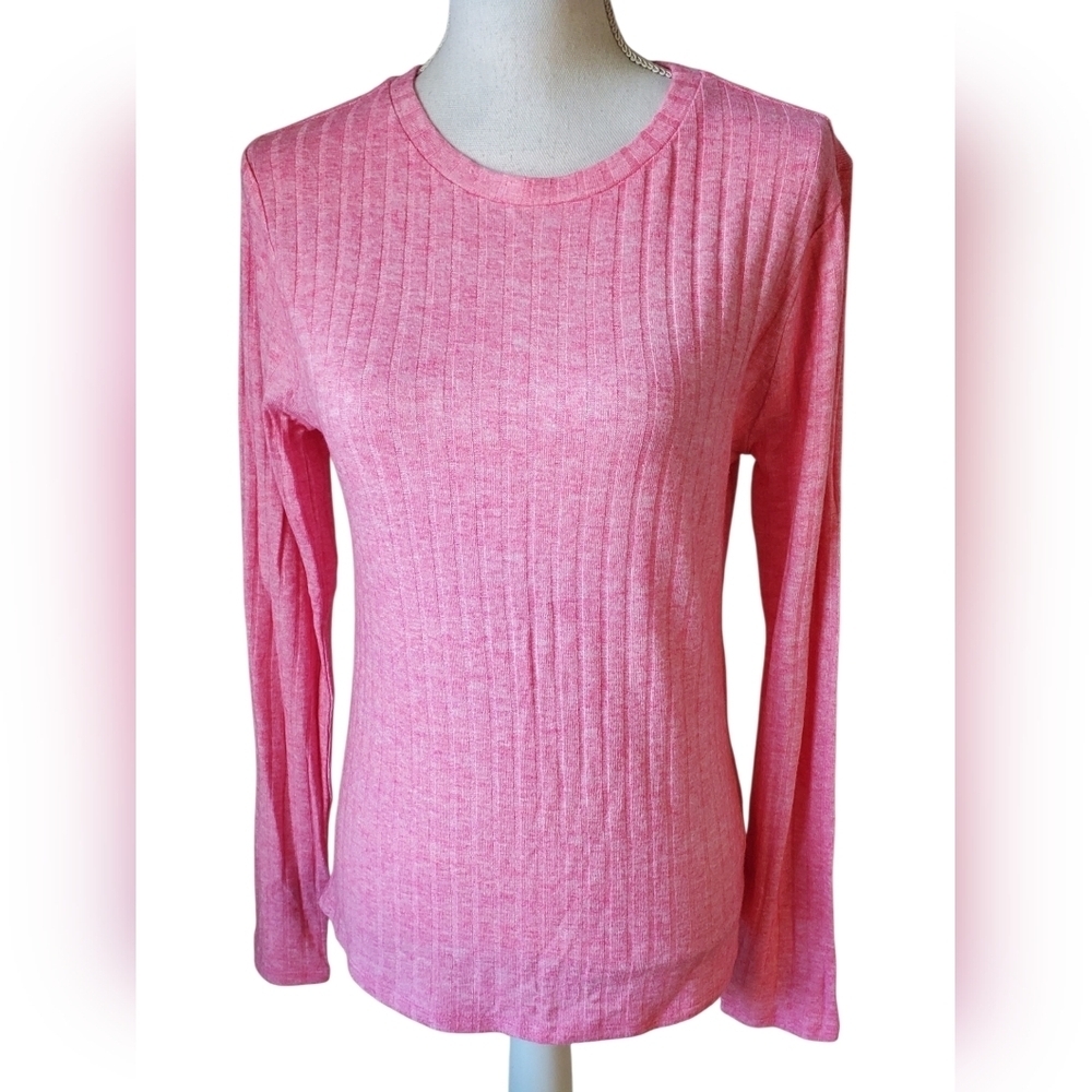 Zenana Pink Ribbed Long Sleeve Crew Neck Knit Soft Stretch Basic Top Size L
